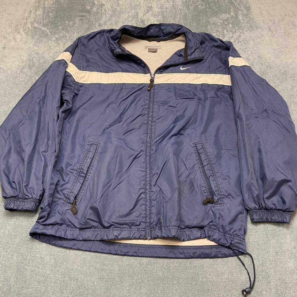 Y2K Nike Windbreaker Jacket Mens Medium Navy Blue Reflective Panel Mock Neck